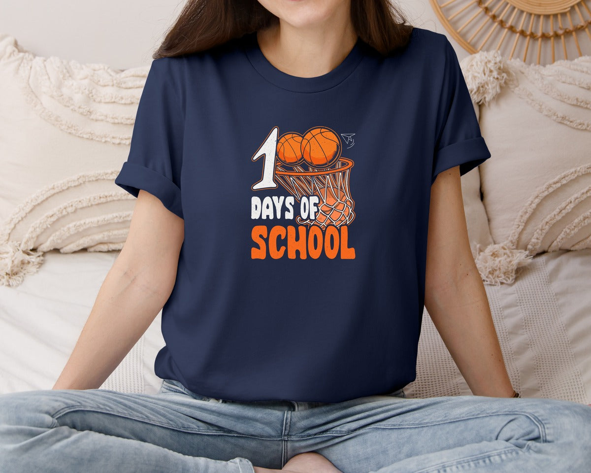 brand:Bella Canvas|color:Navy|100 Days Of School Basketball T Shirt 2 Graphic T-Shirt
