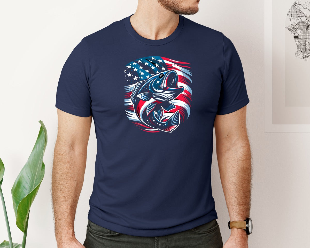 brand:Bella Canvas|color:Navy|Cool Fishing For Men Women American Graphic T-Shirt