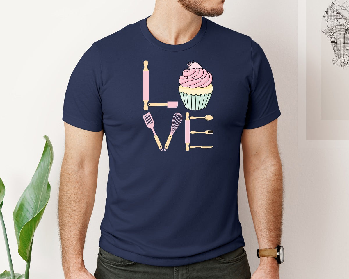 brand:Bella Canvas|color:Navy|Baking Love Cupcake Whisk Spatula Graphic T-Shirt