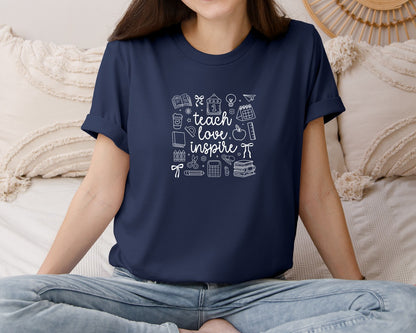 brand:Bella Canvas|color:Navy|Teacher Doodle Teach Love Inspire Graphic T-Shirt