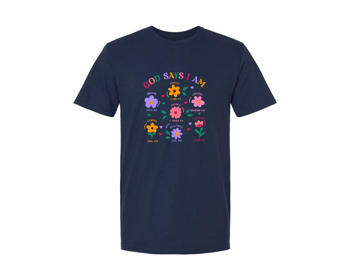 brand:Generic|color:Navy|God Says I Am Flowers Christian Graphic T-Shirt