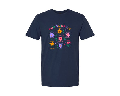brand:Generic|color:Navy|God Says I Am Flowers Christian Graphic T-Shirt