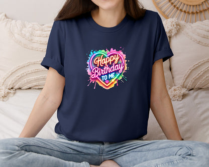 brand:Bella Canvas|color:Navy|Neon Happy Birthday To Me Heart Graphic T-Shirt
