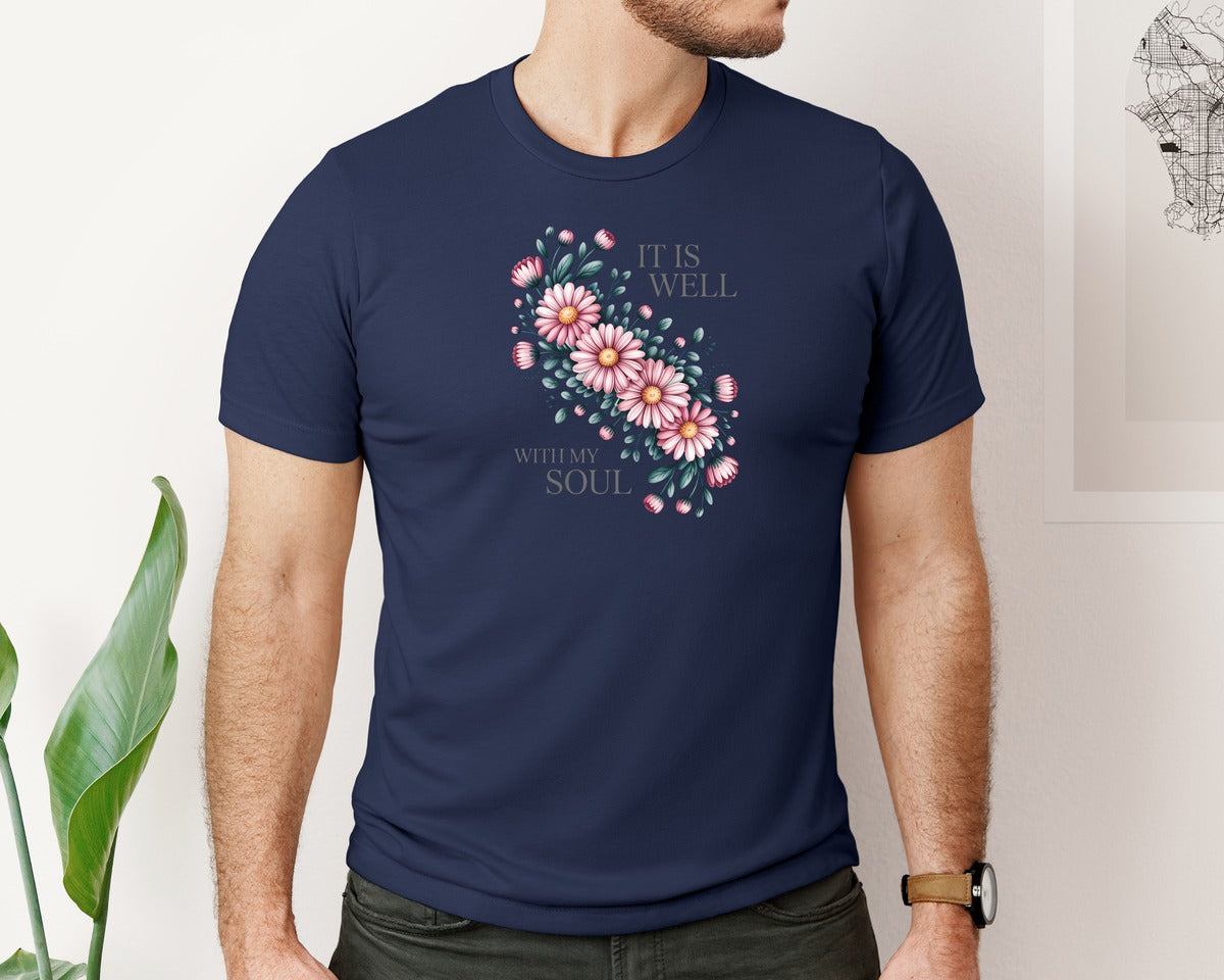 brand:Bella Canvas|color:Navy|It Is Well With My Soul Floral Shirt Graphic T-Shirt