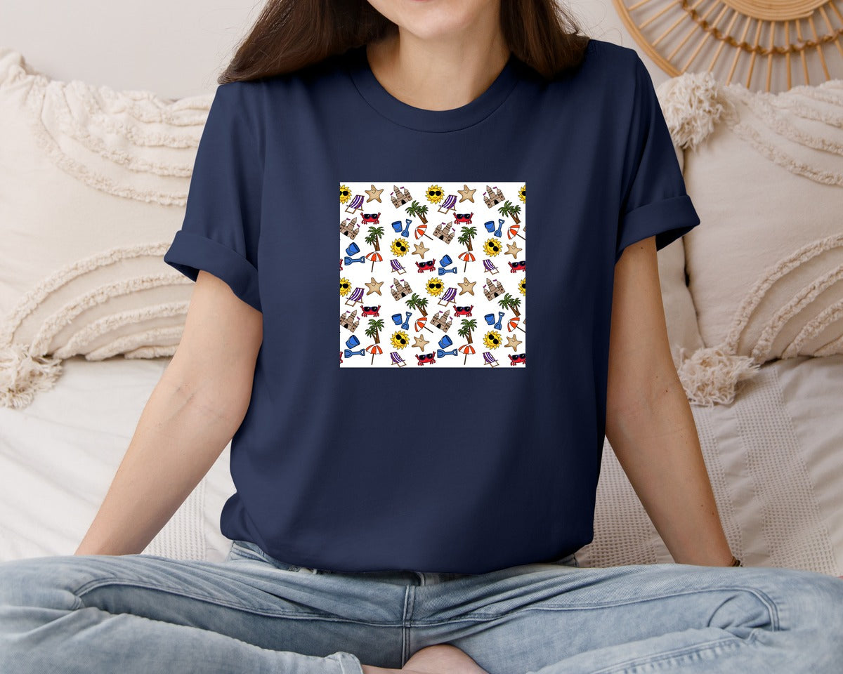 brand:Bella Canvas|color:Navy|Beach Seamless 12 X 12 Pattern Scrapbook Graphic T-Shirt