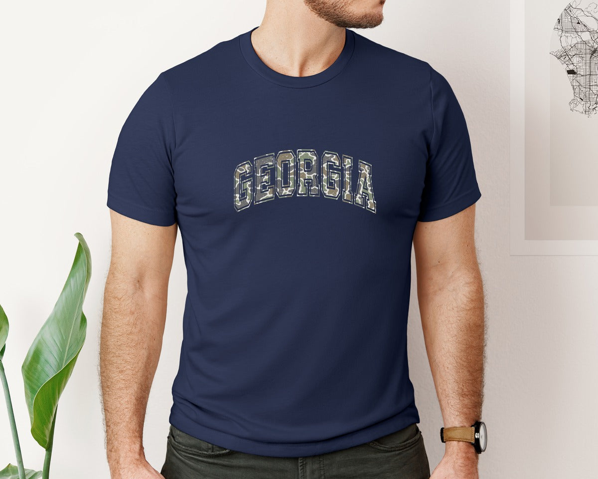 brand:Bella Canvas|color:Navy|Camo Georgia Varsity Graphic T-Shirt