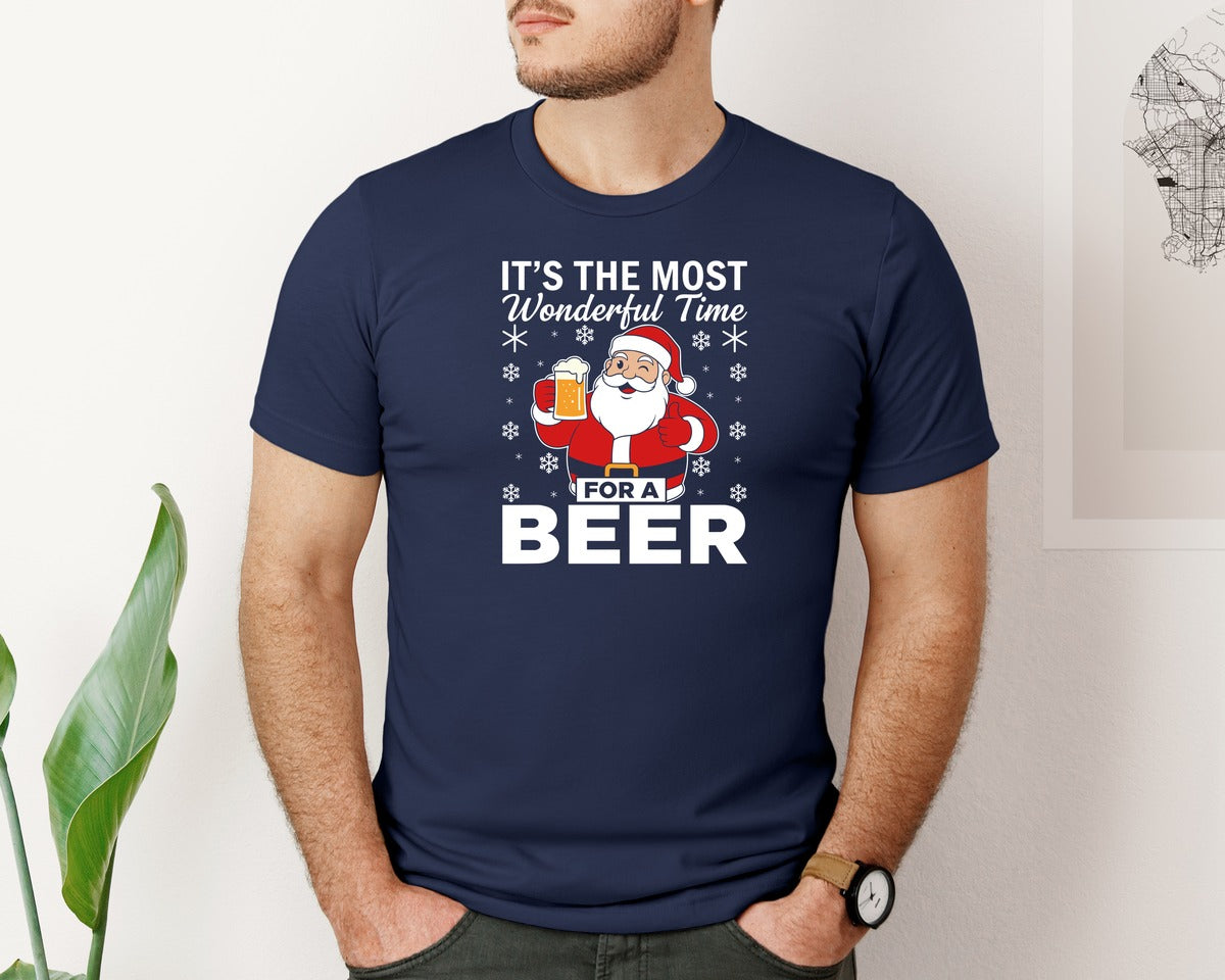 brand:Bella Canvas|color:Navy|Santa Beer Wonderful Time T Shirt Graphic T-Shirt