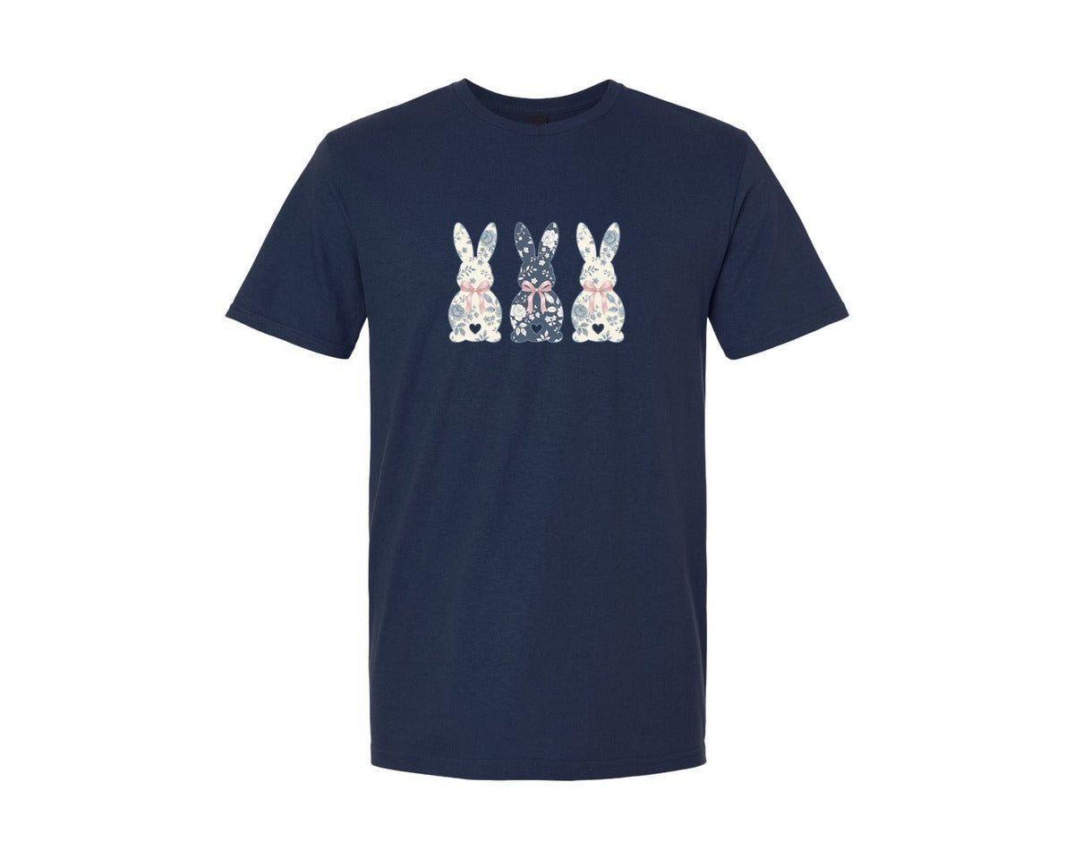 brand:Generic|color:Navy|Floral Easter Bunny Bow Graphic T-Shirt