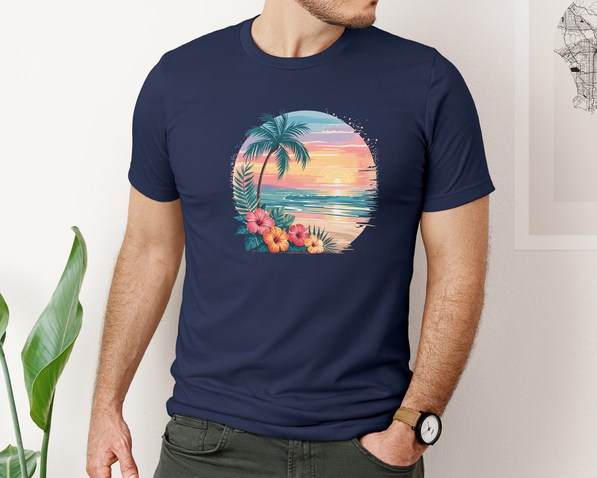 brand:Bella Canvas|color:Navy|Tropical Sunset Retro Beach Scene Graphic T-Shirt