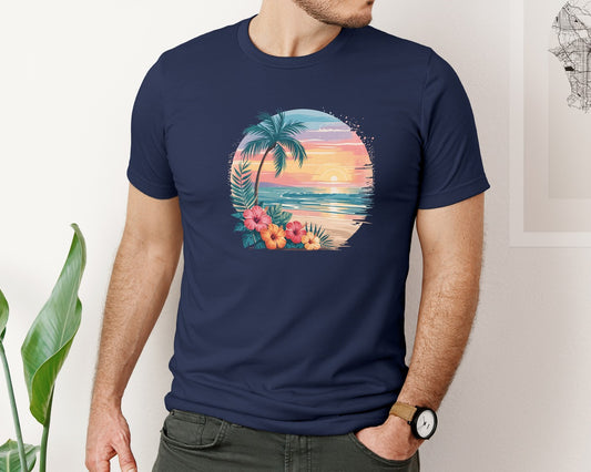 Tropical Sunset Retro Beach Scene Graphic T-Shirt