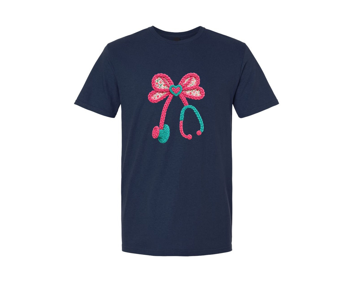 brand:Generic|color:Navy|Crochet Pink Valentine Nurse Graphic T-Shirt