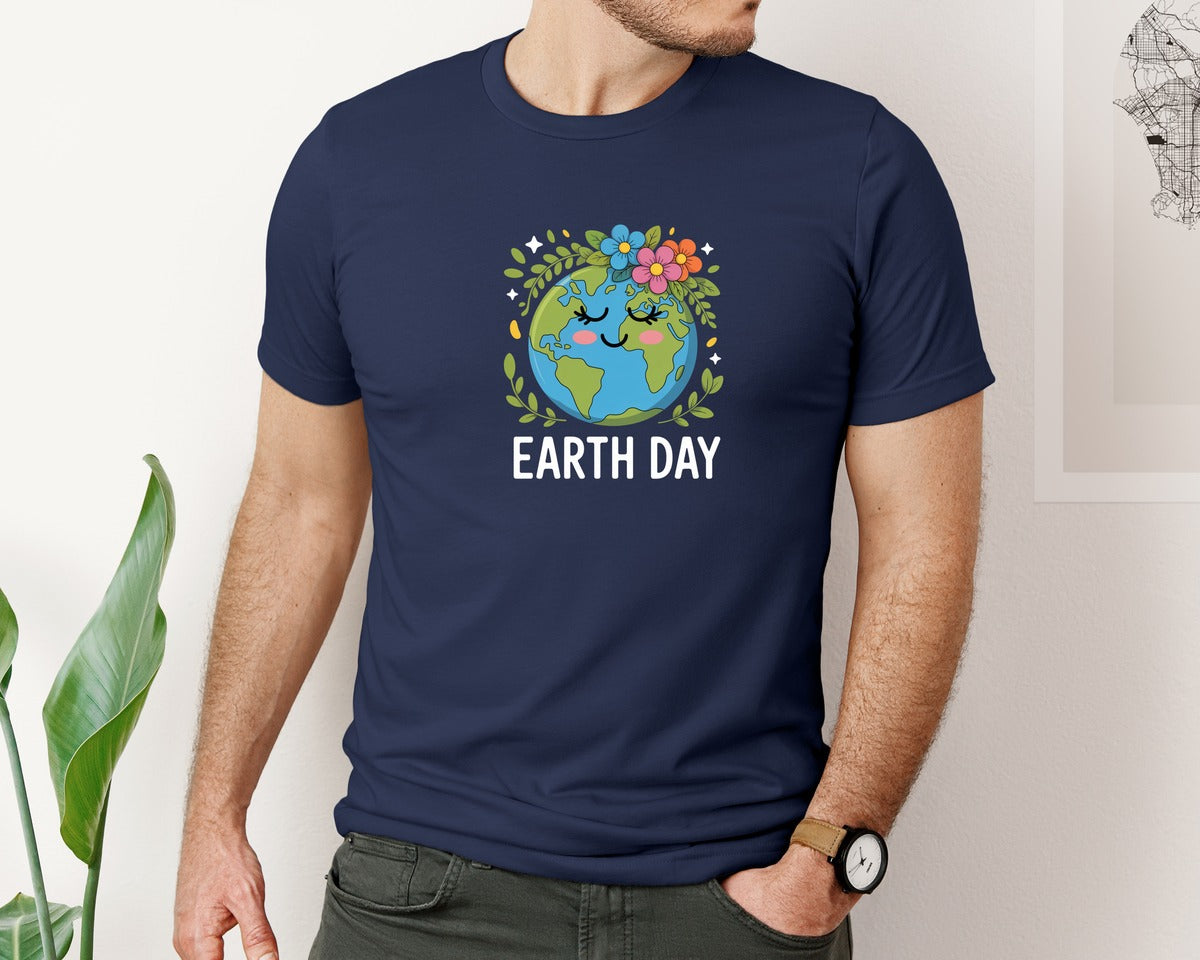 brand:Bella Canvas|color:Navy|Cute Earth Day Floral Earth Tee Graphic T-Shirt