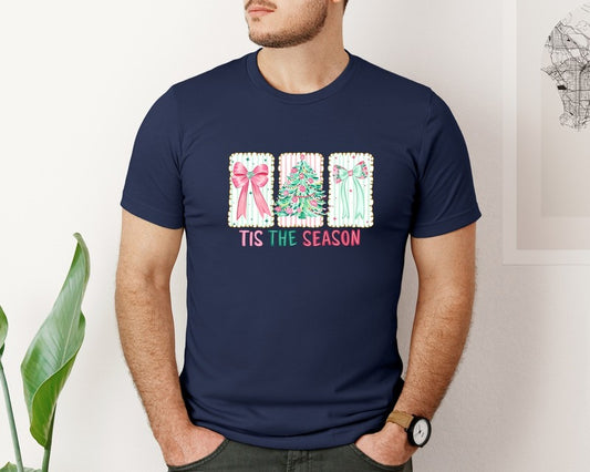 Blue Pink Floral Preppy Christmas Graphic T-Shirt