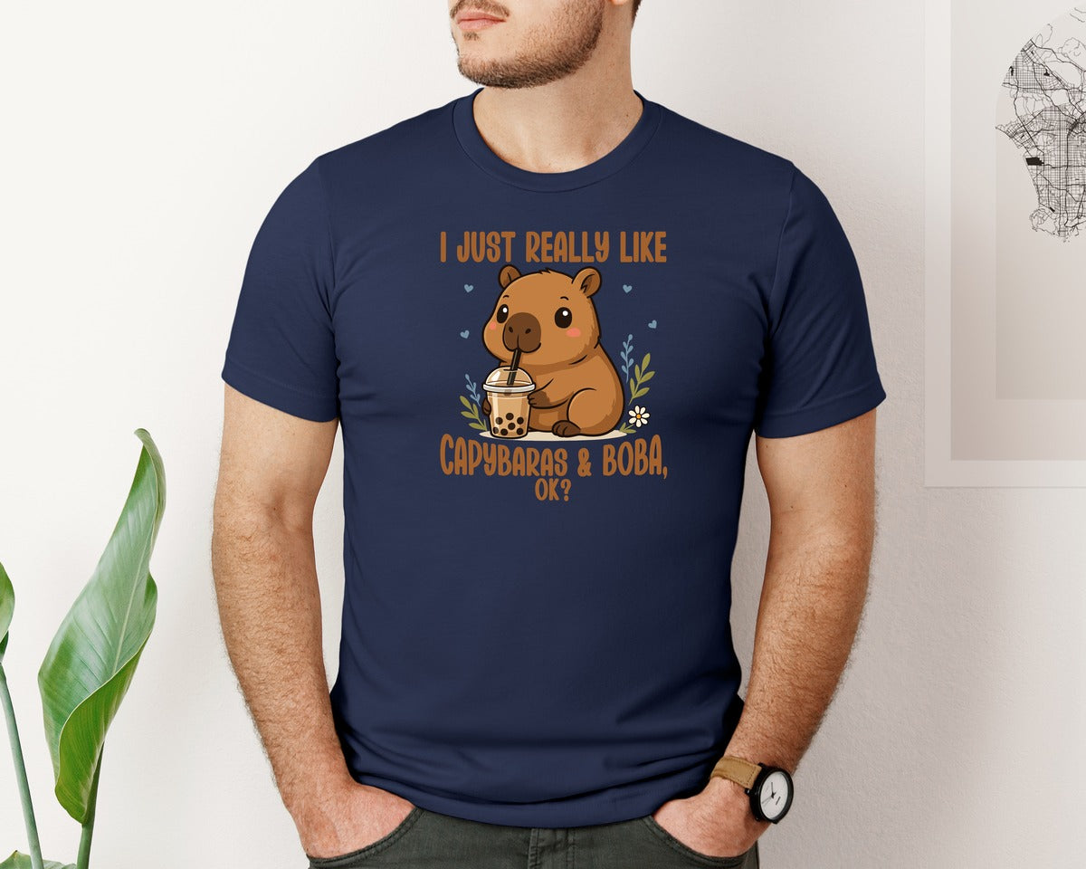 brand:Bella Canvas|color:Navy|Cute Capybara And Boba T Shirt Graphic T-Shirt