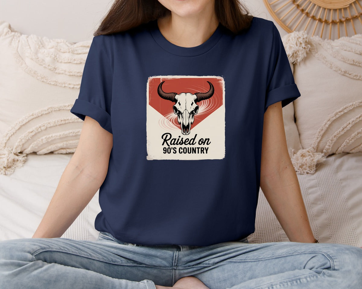 brand:Bella Canvas|color:Navy|90S Country Skull Retro Western Graphic T-Shirt