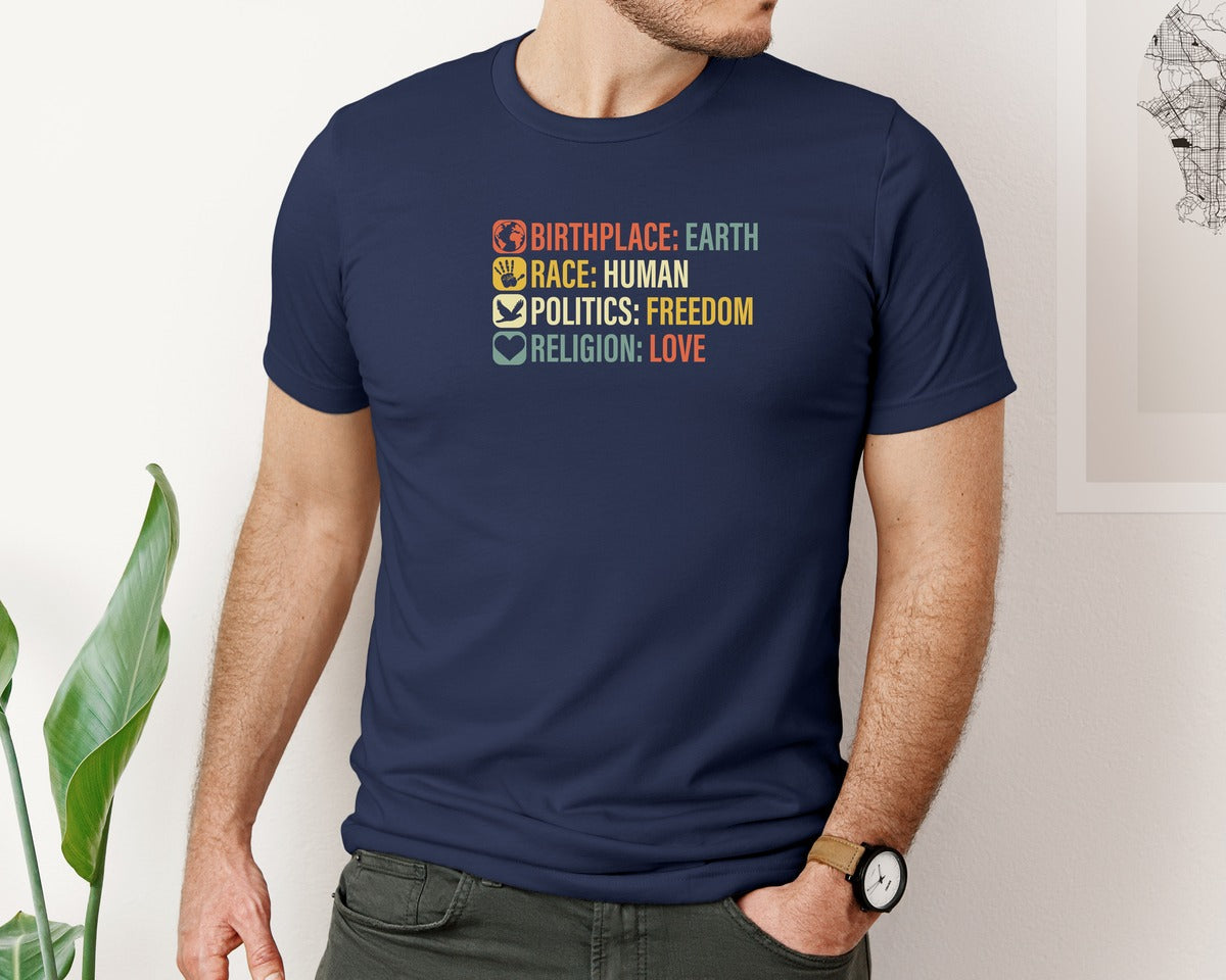 brand:Bella Canvas|color:Navy|Birthplace Earth Race Human Politics 4 Graphic T-Shirt
