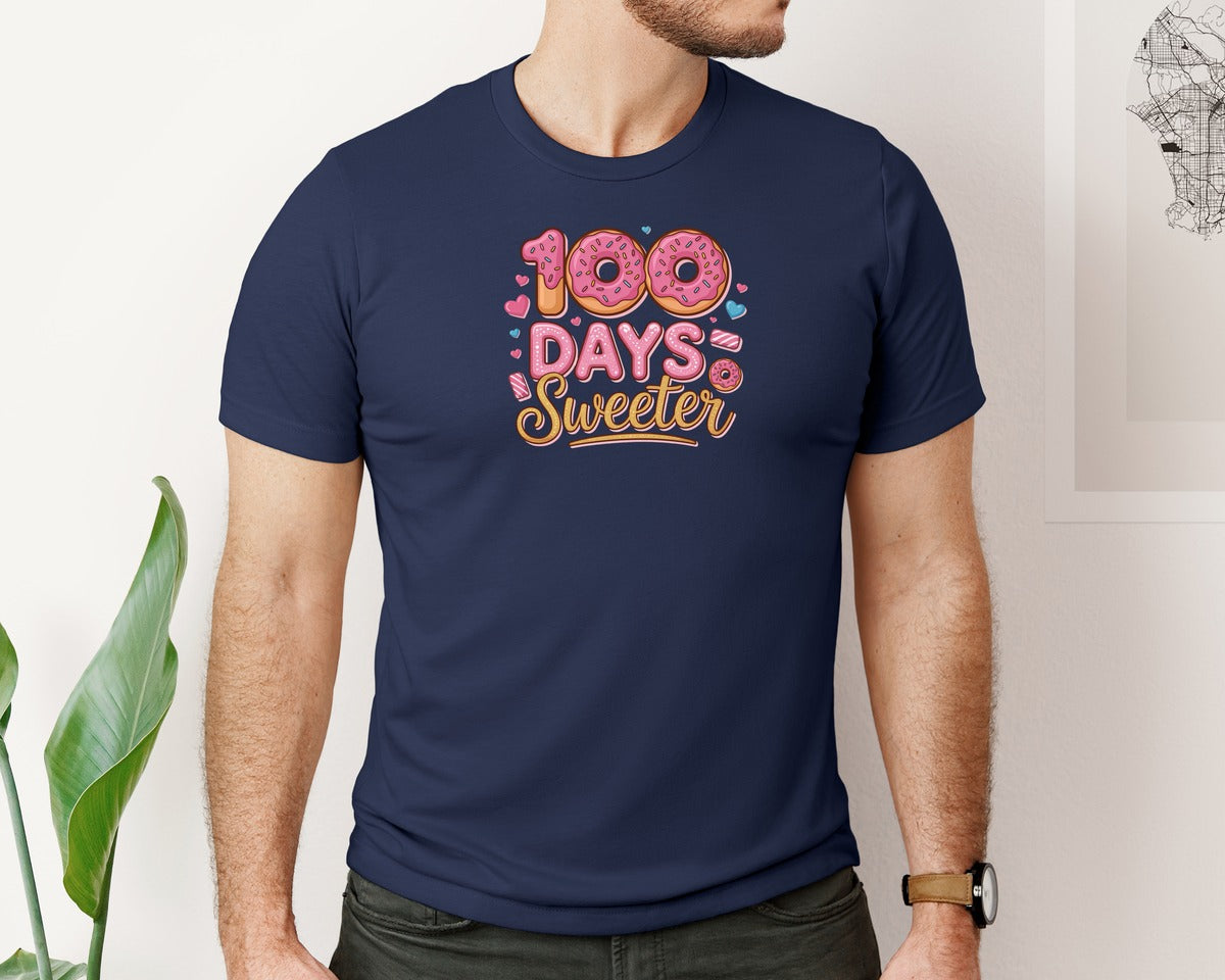 brand:Bella Canvas|color:Navy|100 Days Sweeter Cute Donut Graphic T-Shirt