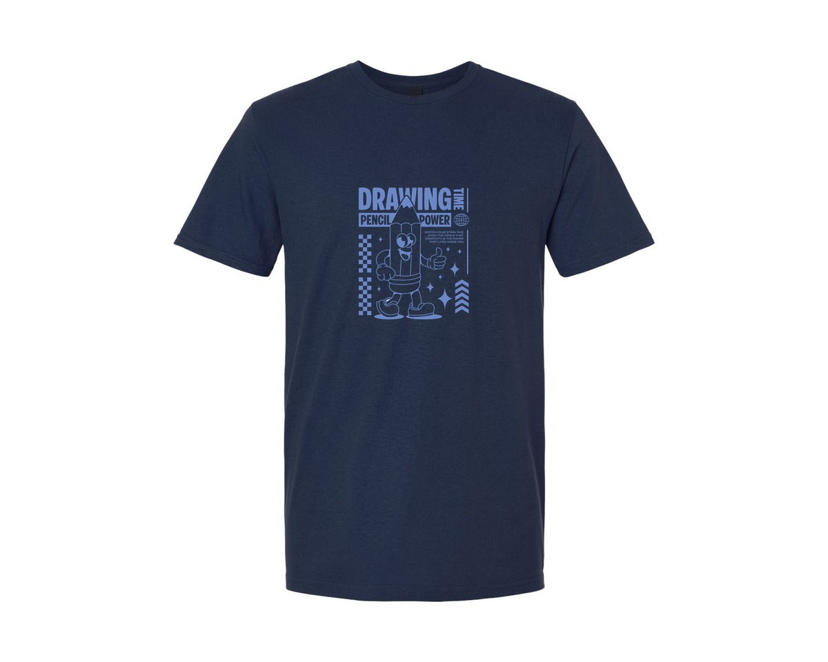 brand:Generic|color:Navy|Retro Cartoon Pencil Mascot Illustration Graphic T-Shirt