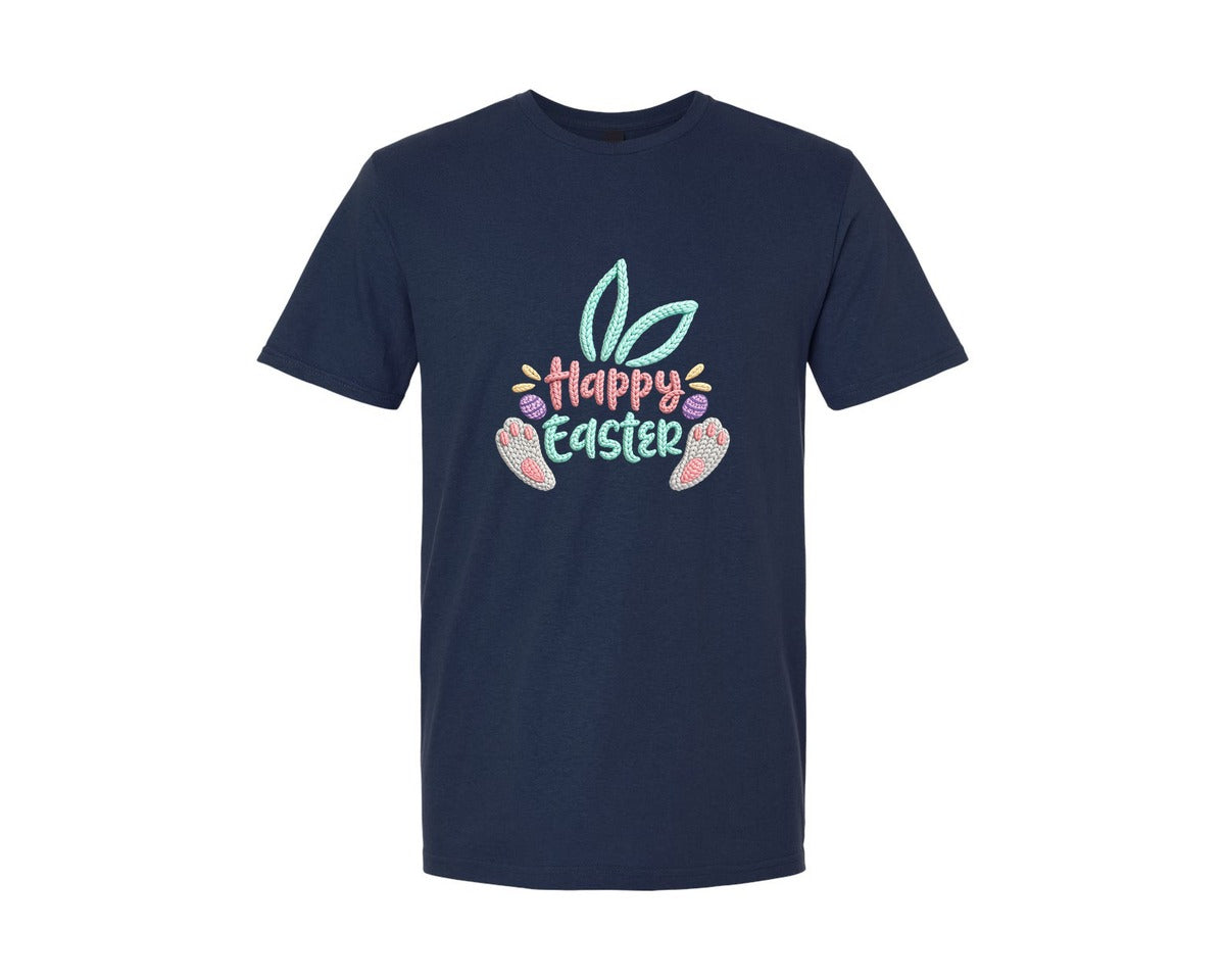 brand:Generic|color:Navy|Happy Easter Faux Crochet Embroidery Pn Graphic T-Shirt