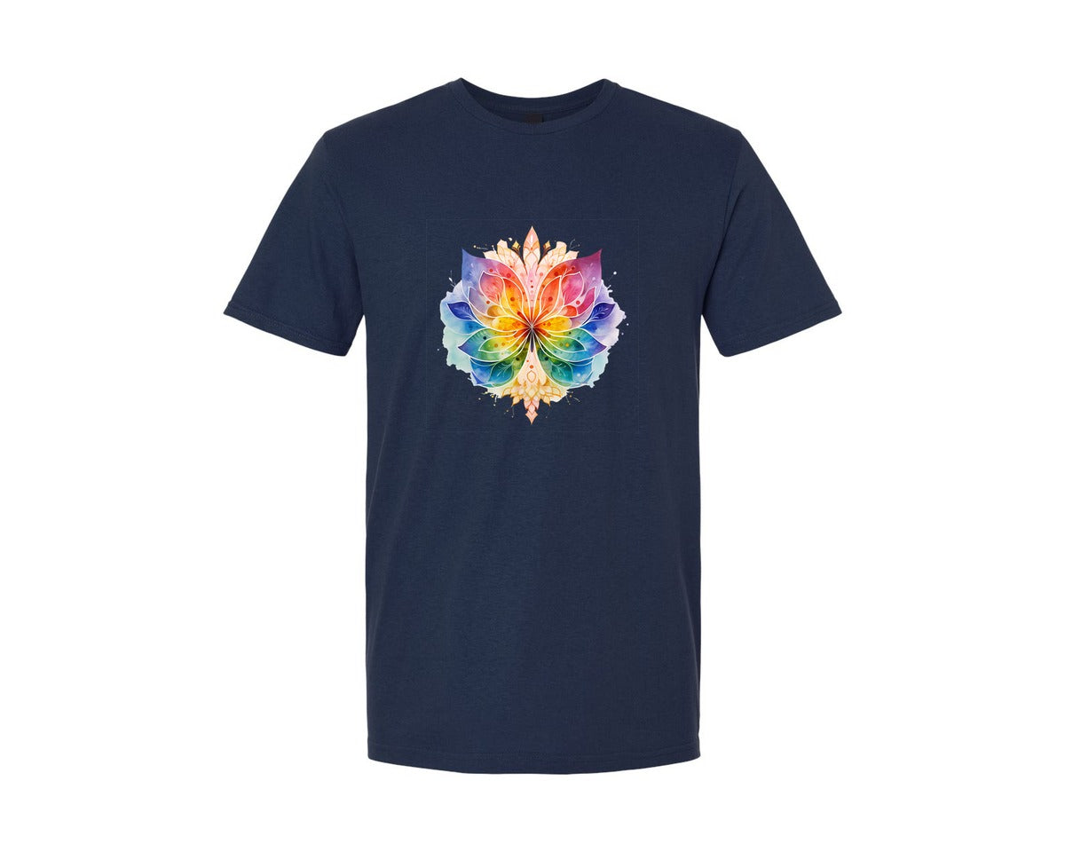 brand:Generic|color:Navy|Retro Zen Lotus Flower Butterfly Rainbow Graphic T-Shirt