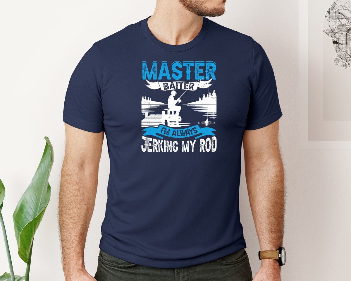 brand:Bella Canvas|color:Navy|Master Baiter Jerking Rod Fishing Shirt Graphic T-Shirt