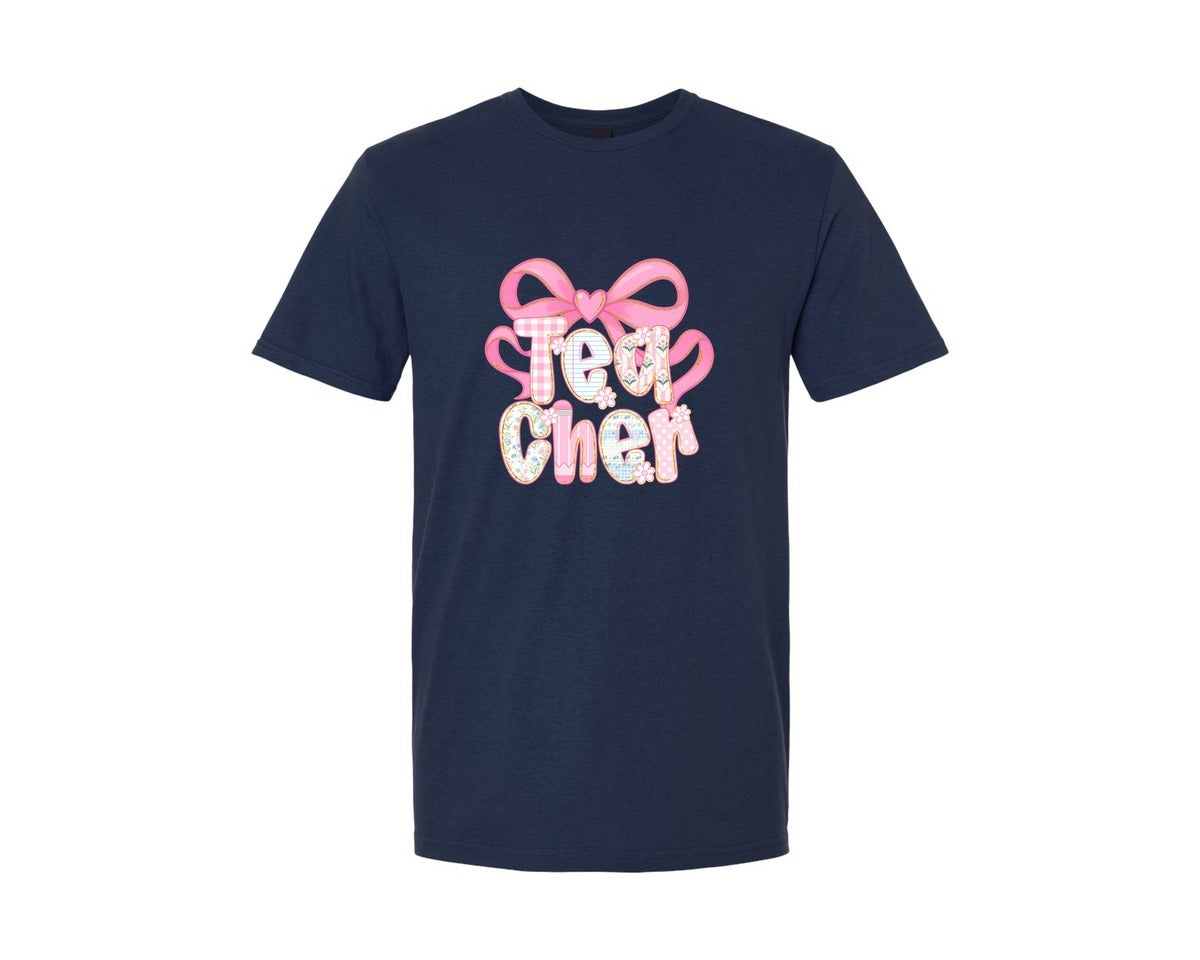 brand:Generic|color:Navy|Pink Heart Bow Teacher Patch Graphic T-Shirt