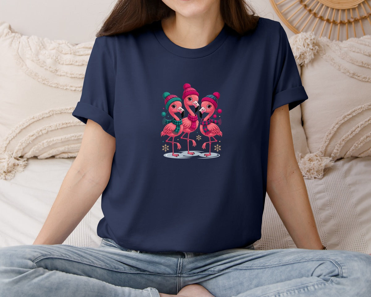 brand:Bella Canvas|color:Navy|Christmas Flamingo Christmas Graphic T-Shirt