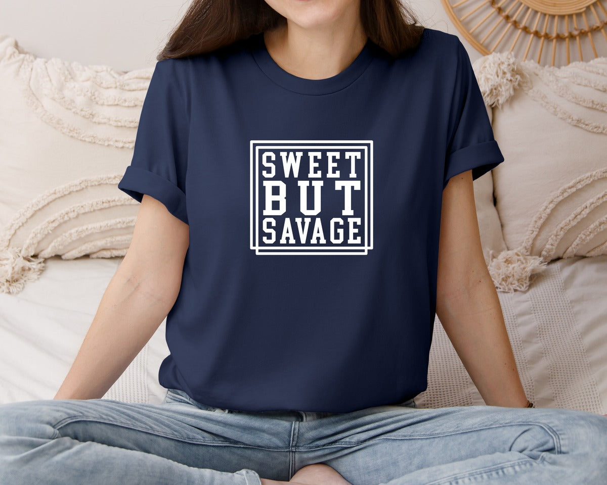 brand:Bella Canvas|color:Navy|Sweet But Savage Snarky Sassy Sarcasm Graphic T-Shirt