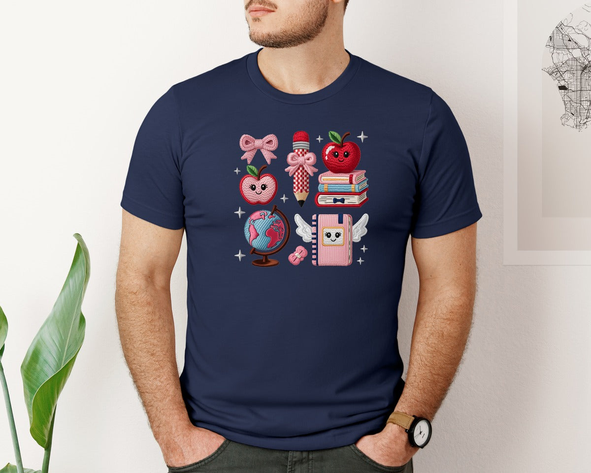 brand:Bella Canvas|color:Navy|Teacher Valentine Faux Yarn School Graphic T-Shirt