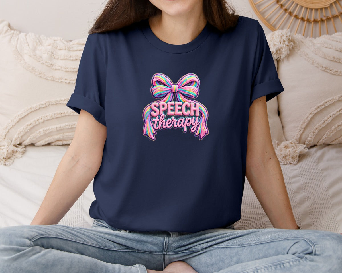 brand:Bella Canvas|color:Navy|Yarn Speech Therapy Mental Health Bow Graphic T-Shirt