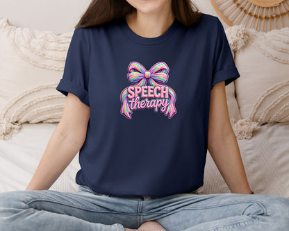 brand:Bella Canvas|color:Navy|Yarn Speech Therapy Mental Health Bow Graphic T-Shirt