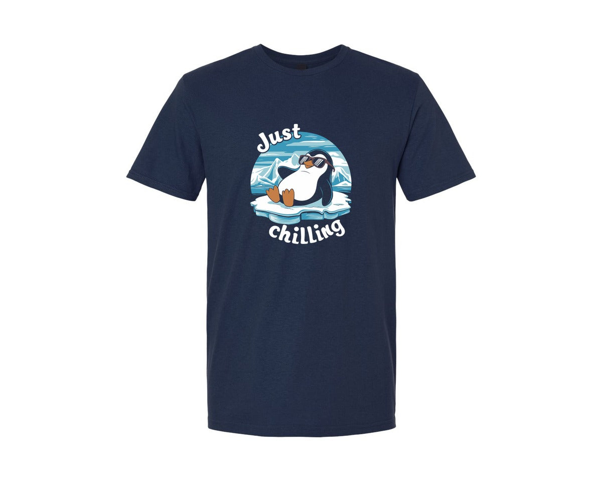 brand:Generic|color:Navy|Just Chilling Penguin Pun Relaxed Vibes Graphic T-Shirt