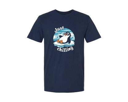 brand:Generic|color:Navy|Just Chilling Penguin Pun Relaxed Vibes Graphic T-Shirt