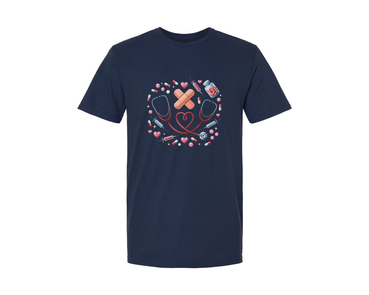 brand:Generic|color:Navy|Cute Nurse Doctor Love Medical Elements Graphic T-Shirt