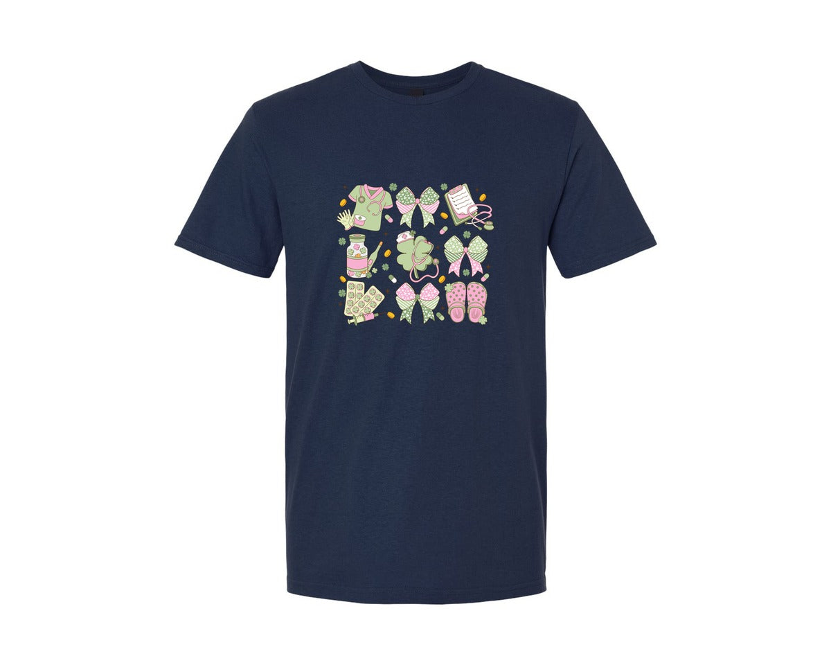 brand:Generic|color:Navy|St Patricks Day Nurse Coquette Graphic T-Shirt