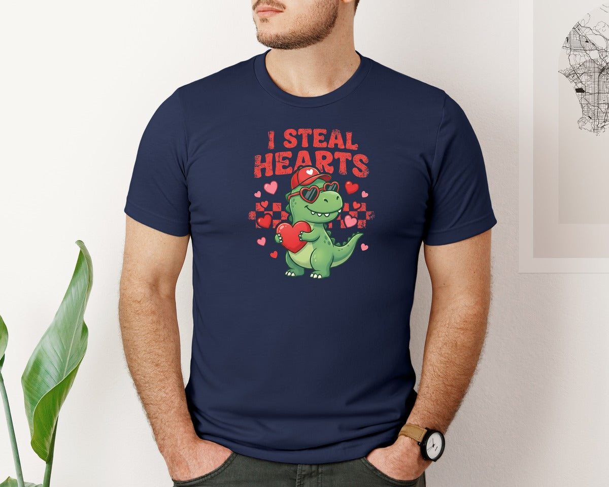 brand:Bella Canvas|color:Navy|I Steal Hearts Funny T Rex Valentine 2 Graphic T-Shirt