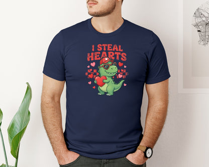 brand:Bella Canvas|color:Navy|I Steal Hearts Funny T Rex Valentine 2 Graphic T-Shirt