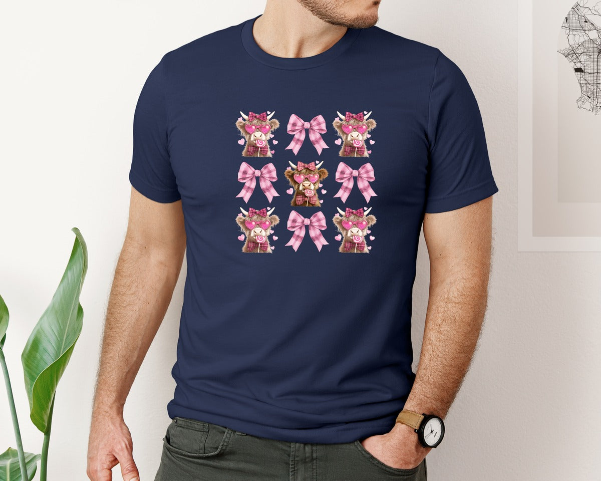 brand:Bella Canvas|color:Navy|Highland Cow Valentines Coquette 17 Graphic T-Shirt