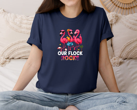 Funny Pink Flamingo Our Flock Rocks Graphic T-Shirt