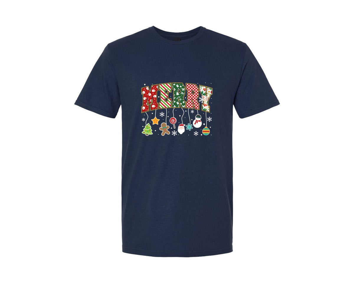 brand:Generic|color:Navy|Merry Christmas Patchwork Letters Graphic T-Shirt