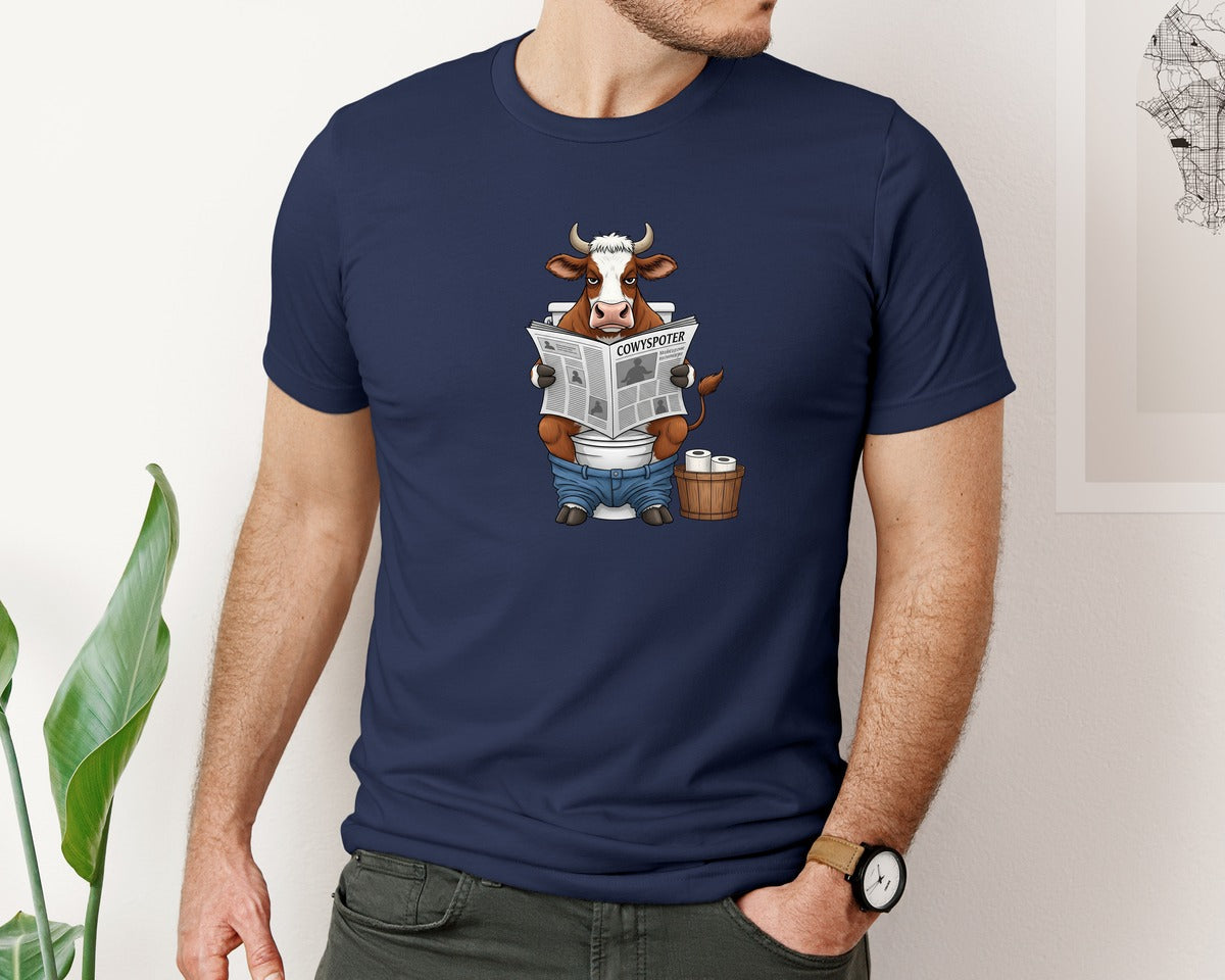 brand:Bella Canvas|color:Navy|Cow On Toilet Funny Farm Animal Sub Graphic T-Shirt