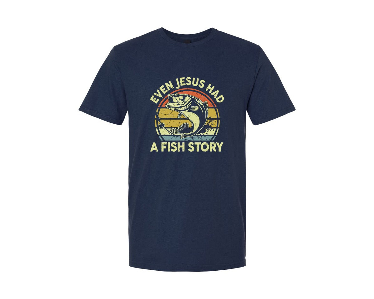 brand:Generic|color:Navy|Jesus Fish Story Fishing Religious Graphic T-Shirt