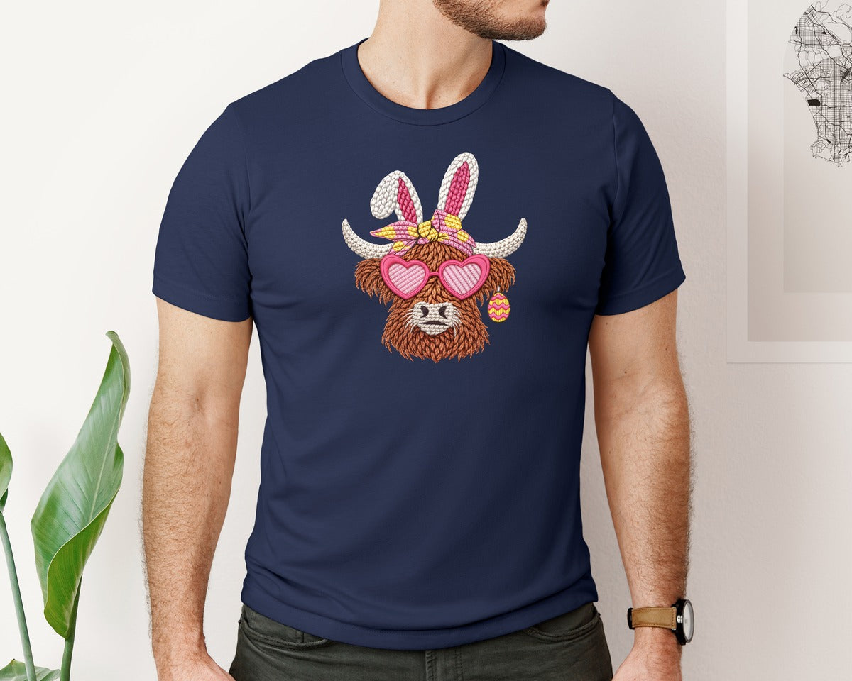 brand:Bella Canvas|color:Navy|Faux Crochet Easter Day Highland Cow Graphic T-Shirt