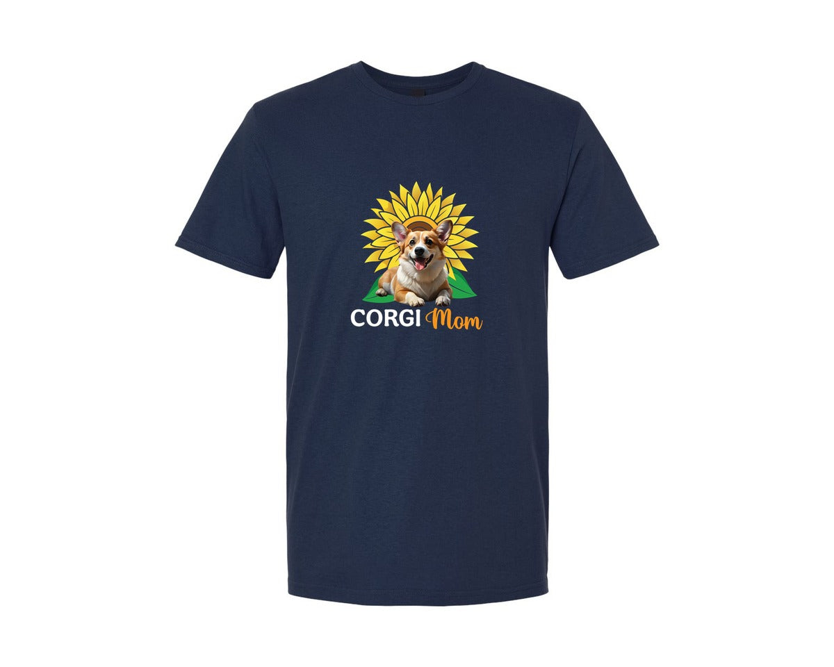 brand:Generic|color:Navy|Corgi Mom Sunflower Graphic T-Shirt