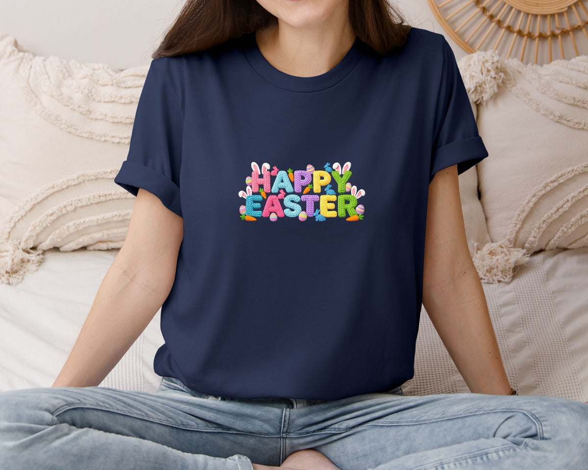 brand:Bella Canvas|color:Navy|Crochet Happy Easter 5 Graphic T-Shirt