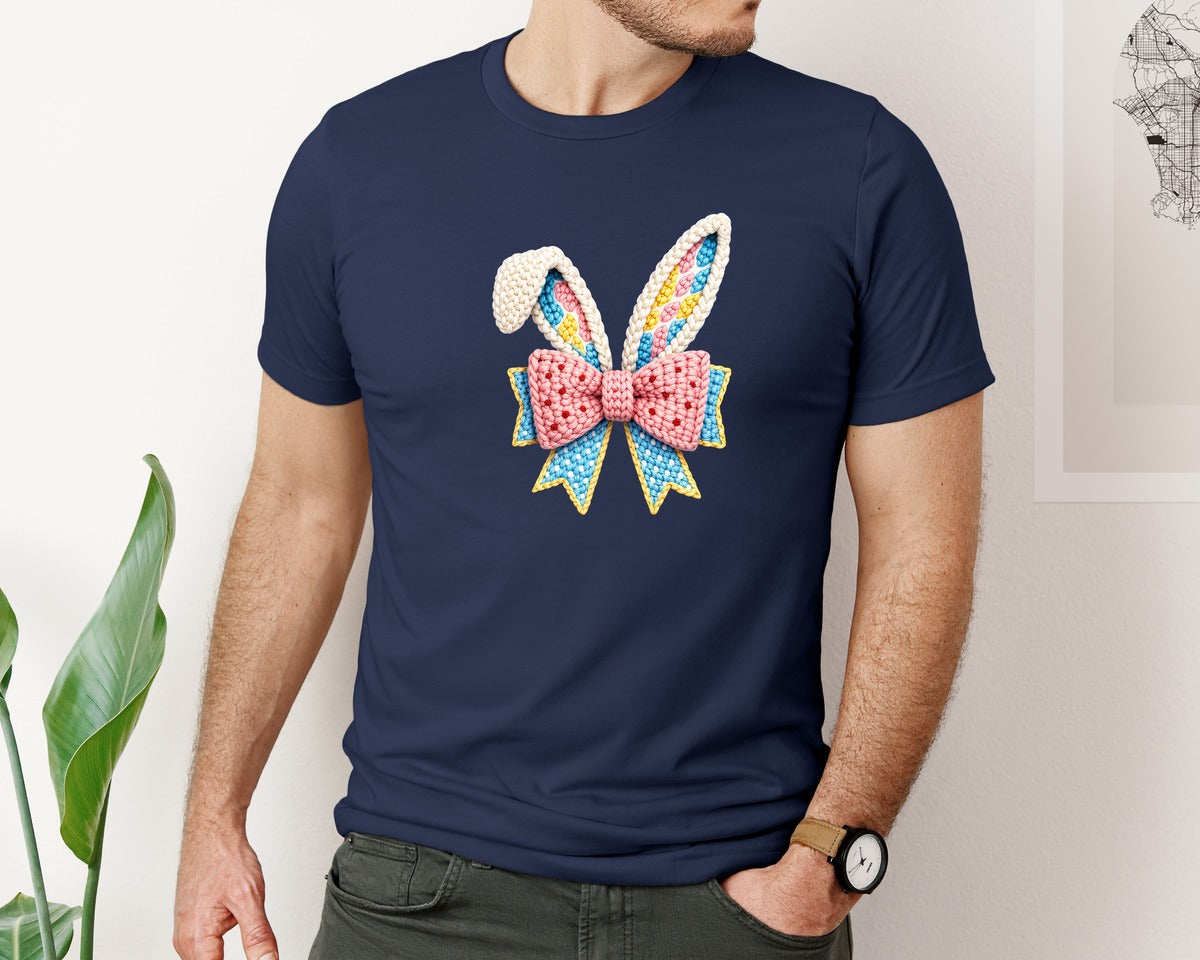 brand:Bella Canvas|color:Navy|Faux Crochet Easter Bunny Coquette Graphic T-Shirt