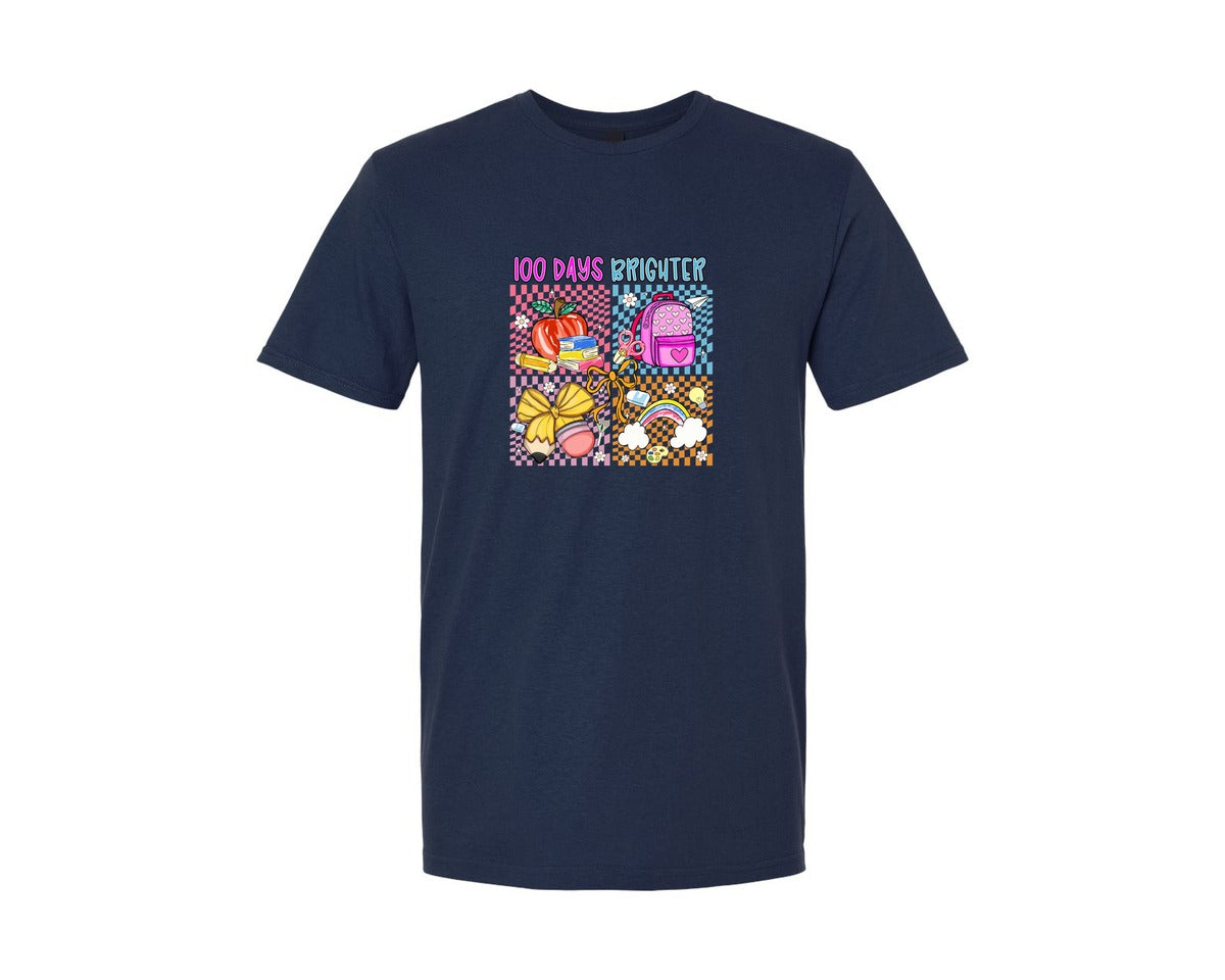 brand:Generic|color:Navy|Checkered 100 Days Brighter School Graphic T-Shirt