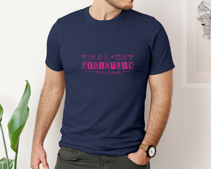 brand:Bella Canvas|color:Navy|Pediatric Nurse Coquette Pink Doodle Graphic T-Shirt