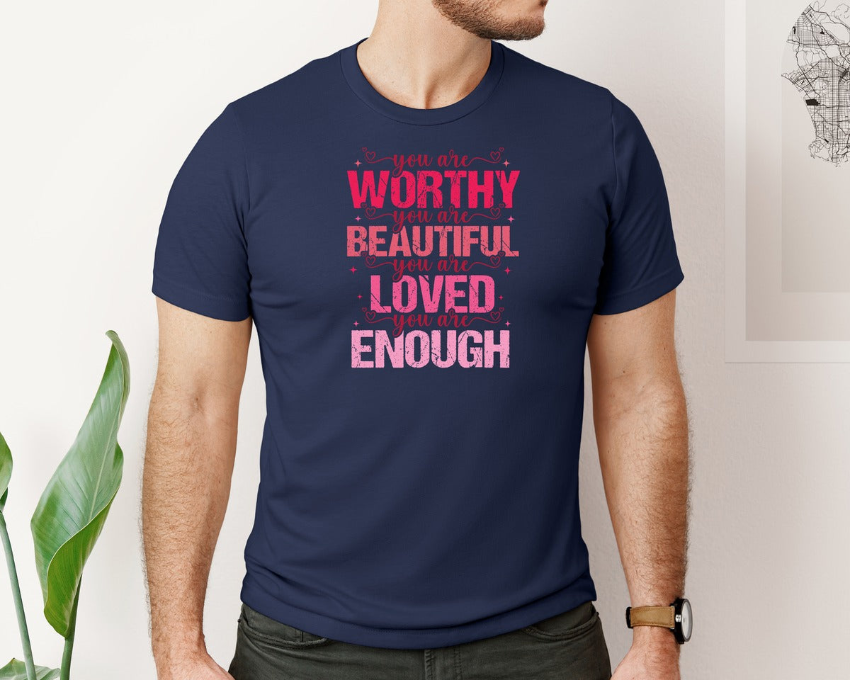 brand:Bella Canvas|color:Navy|You Are Worthy You Are Beautiful Graphic T-Shirt
