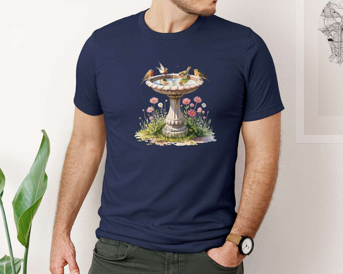 brand:Bella Canvas|color:Navy|Bird Bath Vintage Garden Birdbath Graphic T-Shirt